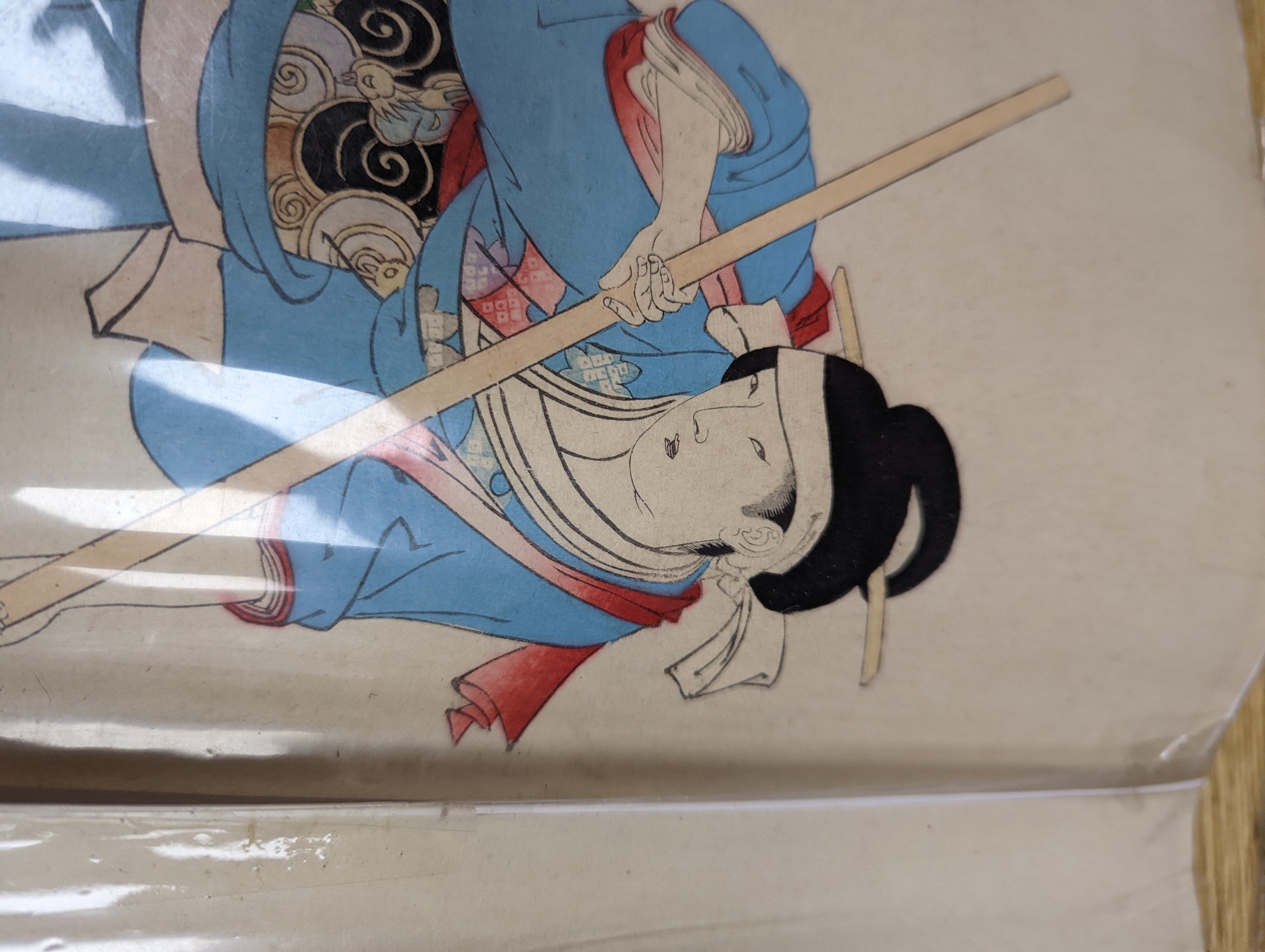 Three Japanese woodblock triptychs by Chikanobu Toyohara and others, Oban format